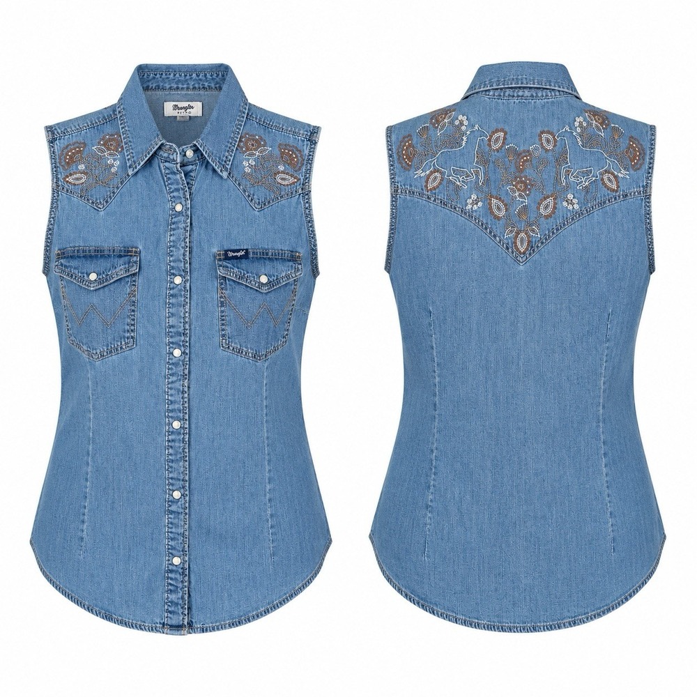 Wrangler Retro Women’s XL Embroidered Denim Sleeveless Snap Western Shirt NWT
